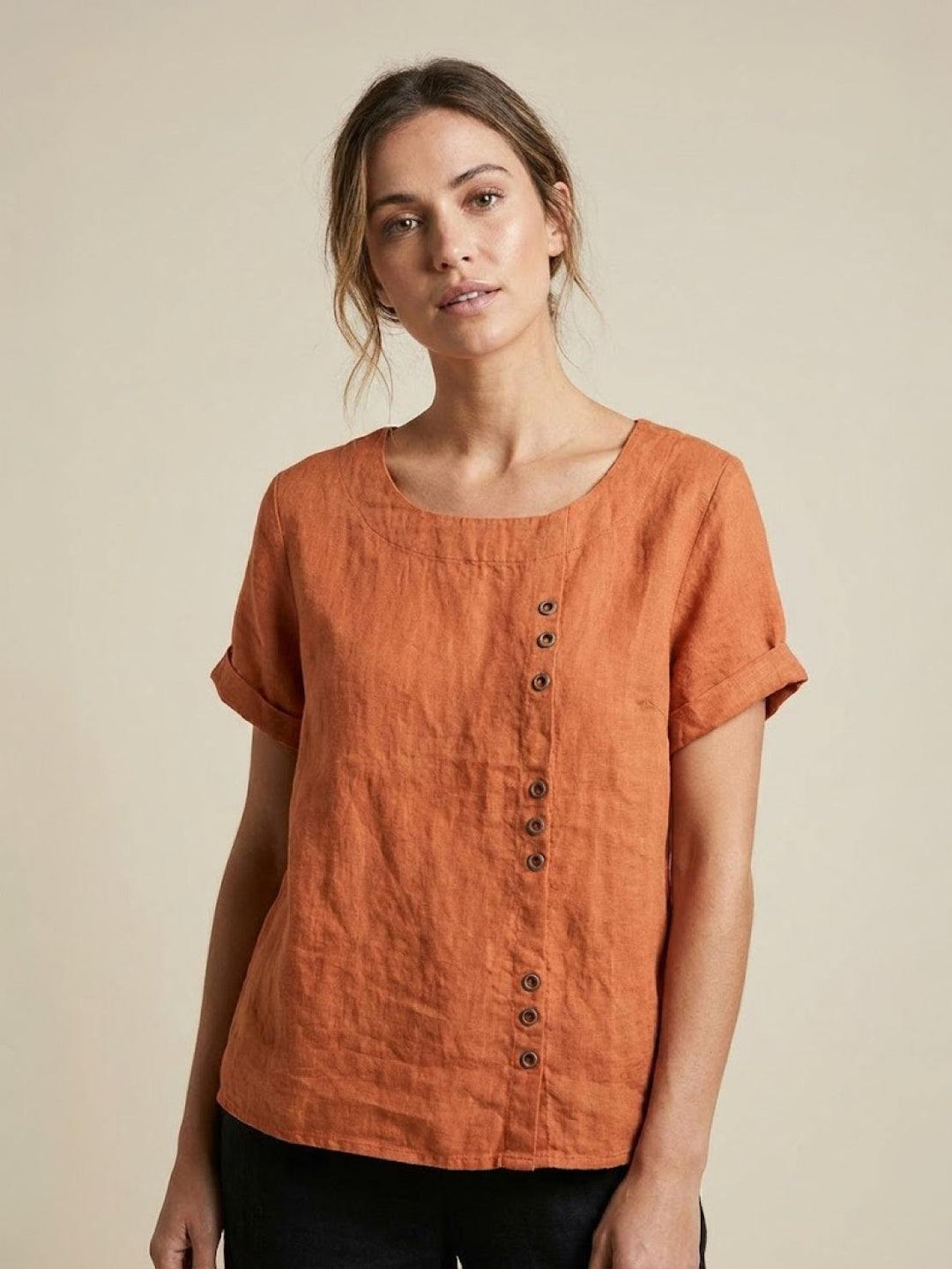 Taylor | Women’s Linen Blend Round Neck Button Blouse