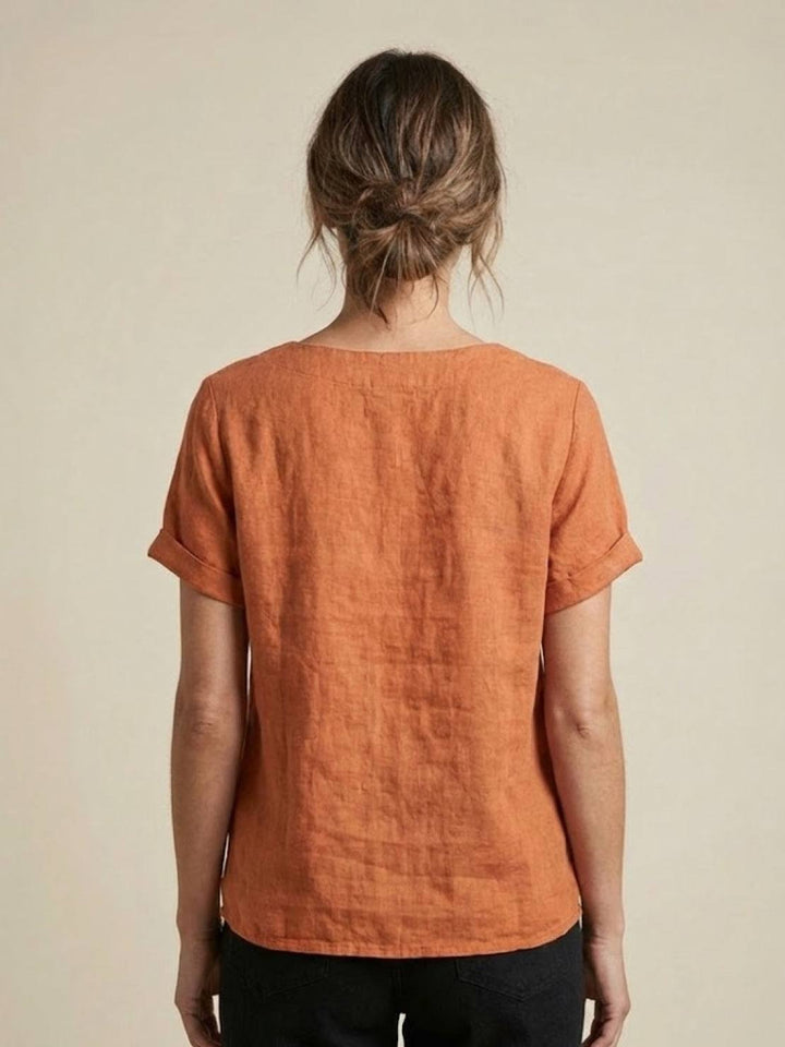 Taylor | Women’s Linen Blend Round Neck Button Blouse