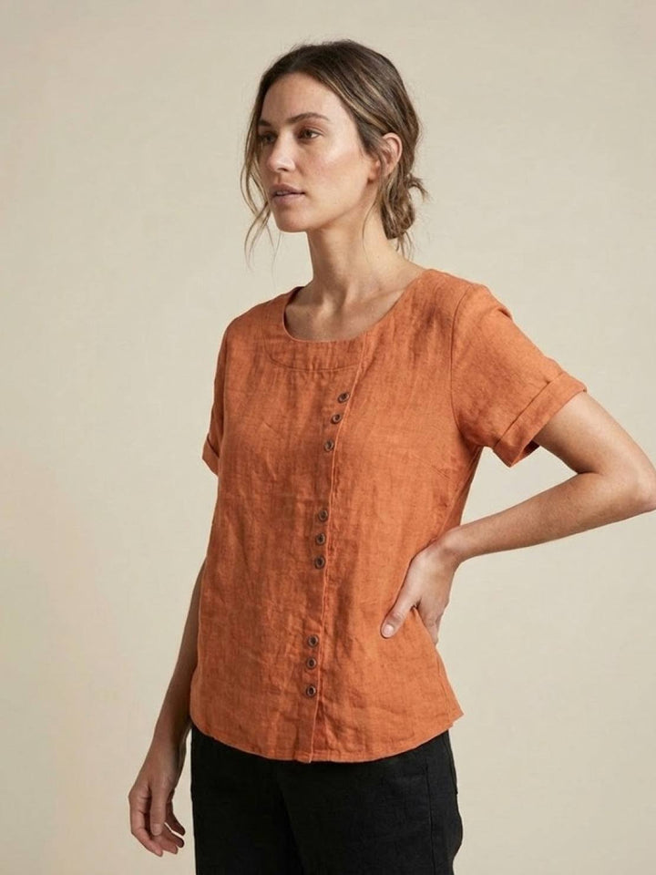 Taylor | Women’s Linen Blend Round Neck Button Blouse