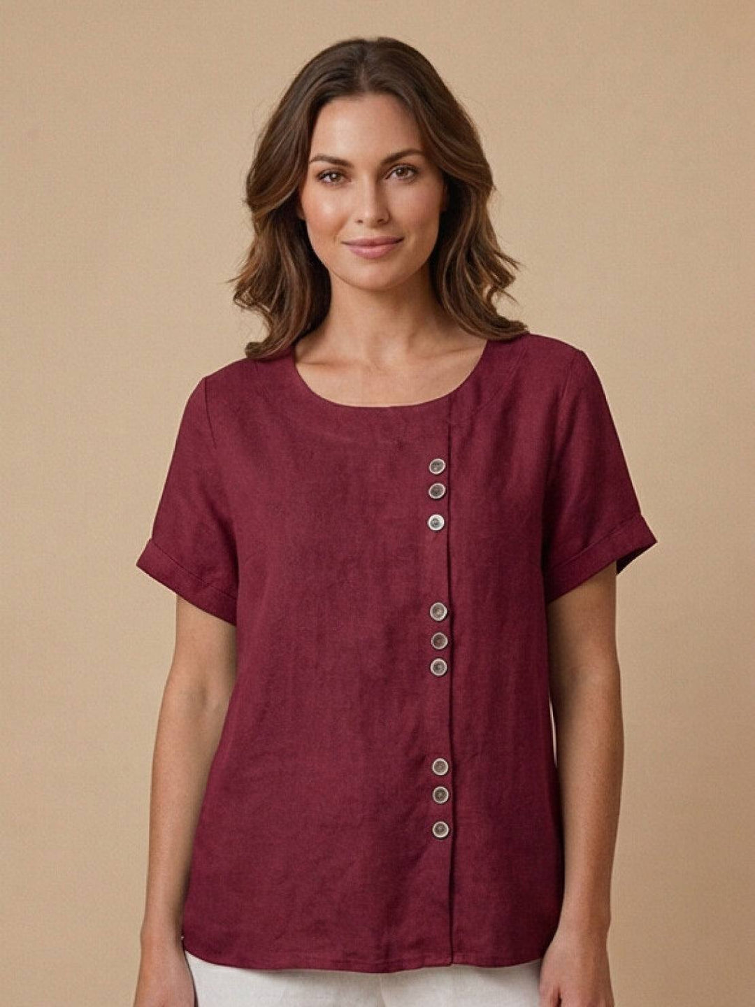 Taylor | Women’s Linen Blend Round Neck Button Blouse