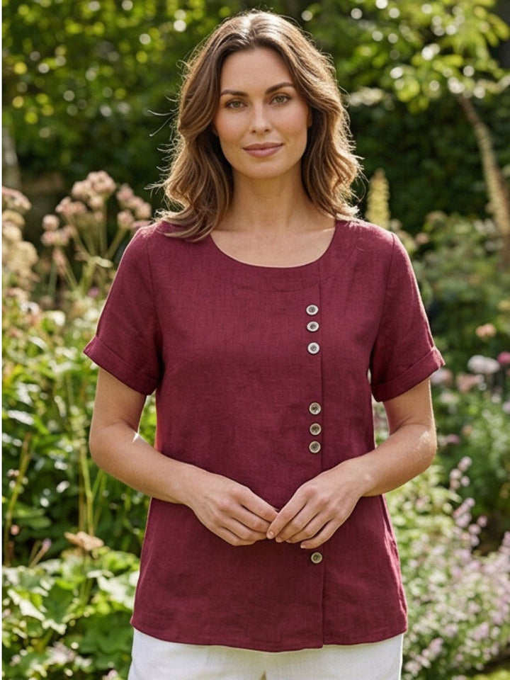 Taylor | Women’s Linen Blend Round Neck Button Blouse