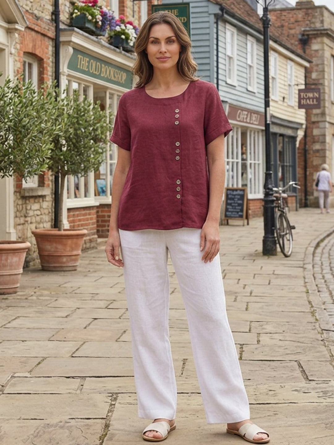 Taylor | Women’s Linen Blend Round Neck Button Blouse