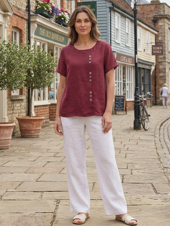 Taylor | Women’s Linen Blend Round Neck Button Blouse