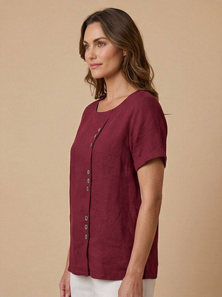 Taylor | Women’s Linen Blend Round Neck Button Blouse