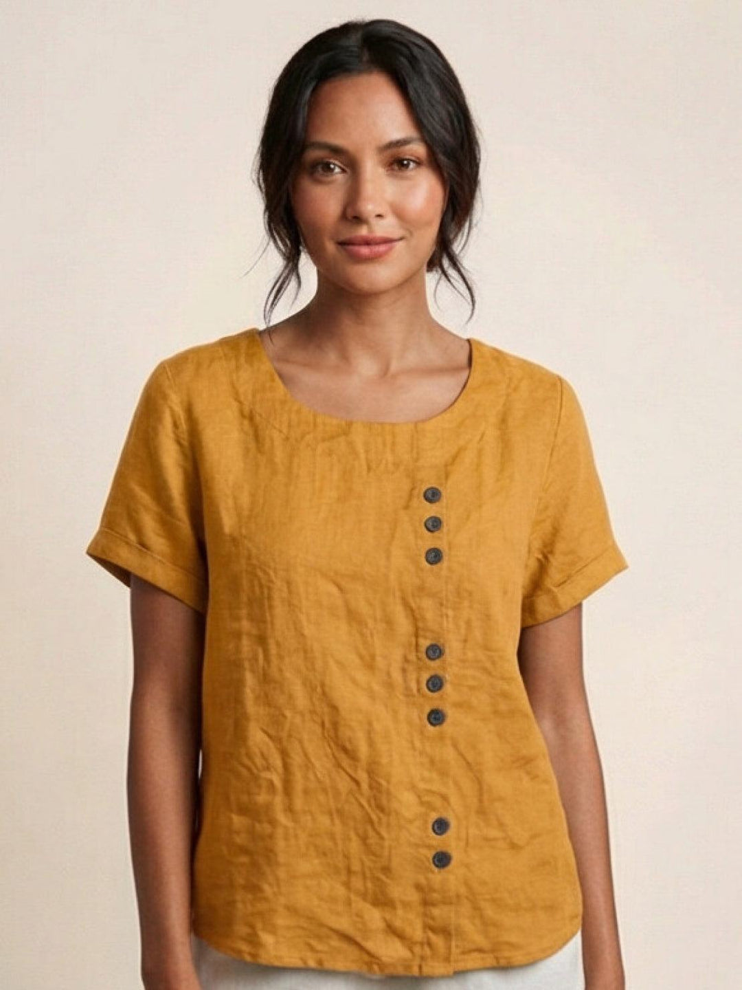 Taylor | Women’s Linen Blend Round Neck Button Blouse