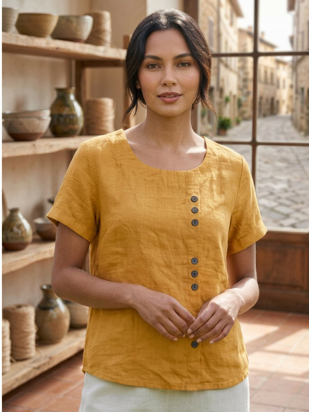 Taylor | Women’s Linen Blend Round Neck Button Blouse