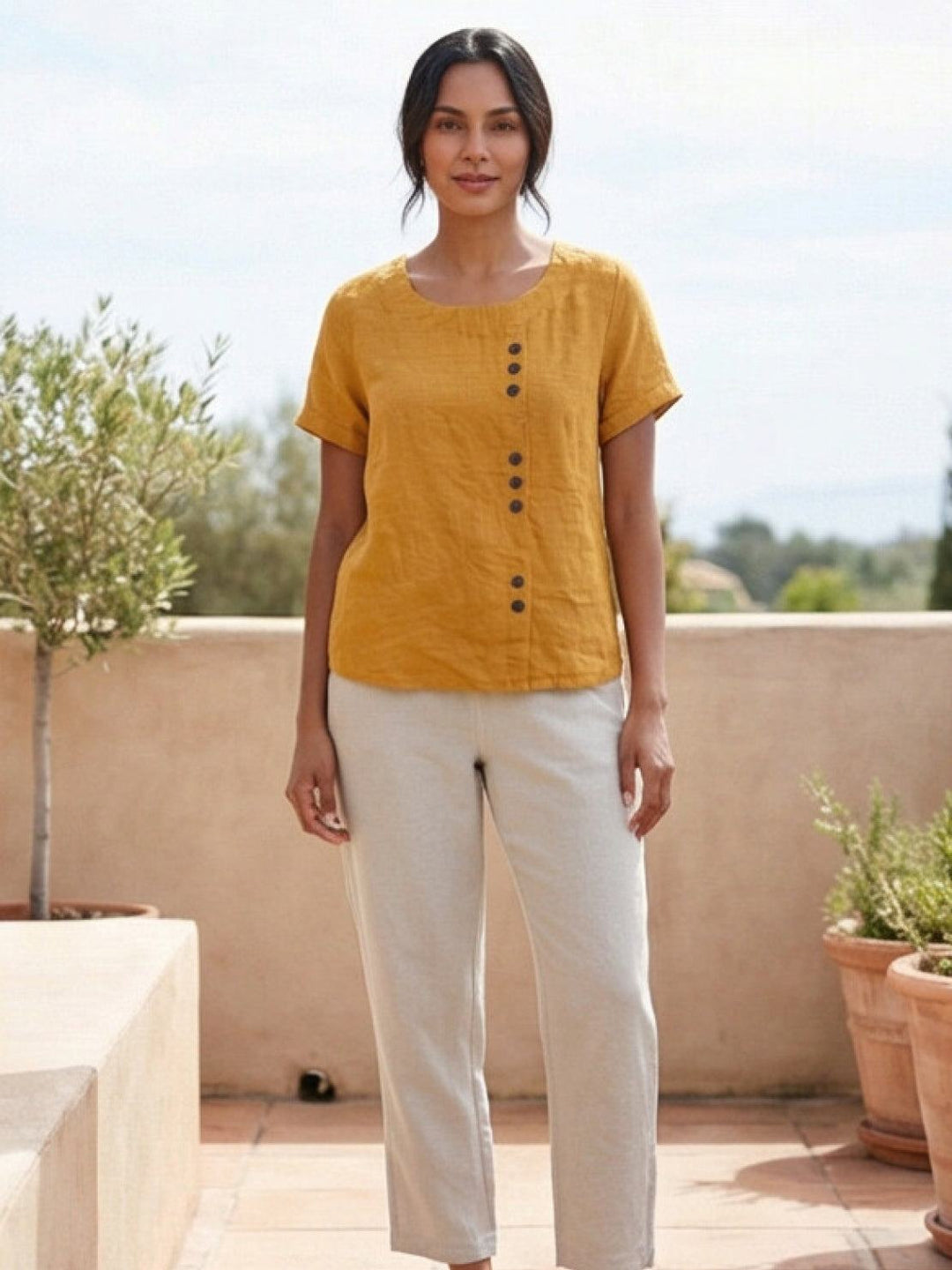 Taylor | Women’s Linen Blend Round Neck Button Blouse