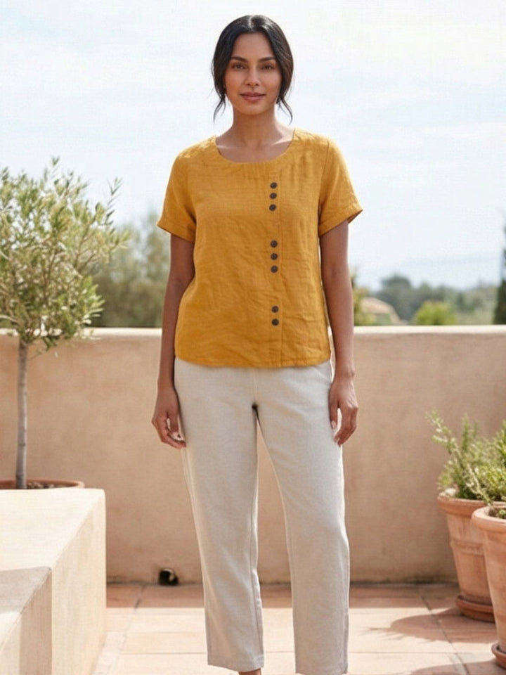 Taylor | Women’s Linen Blend Round Neck Button Blouse