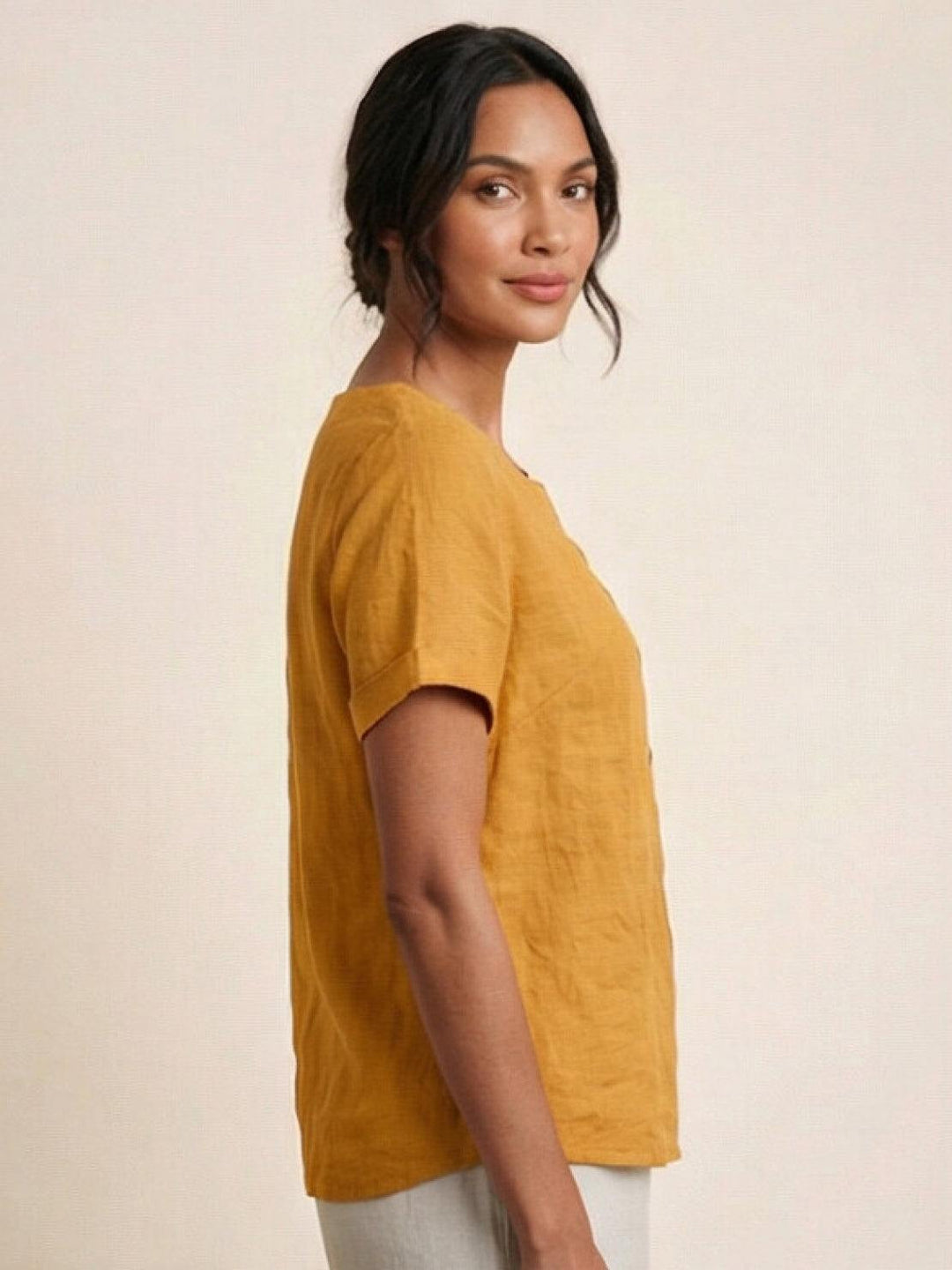 Taylor | Women’s Linen Blend Round Neck Button Blouse