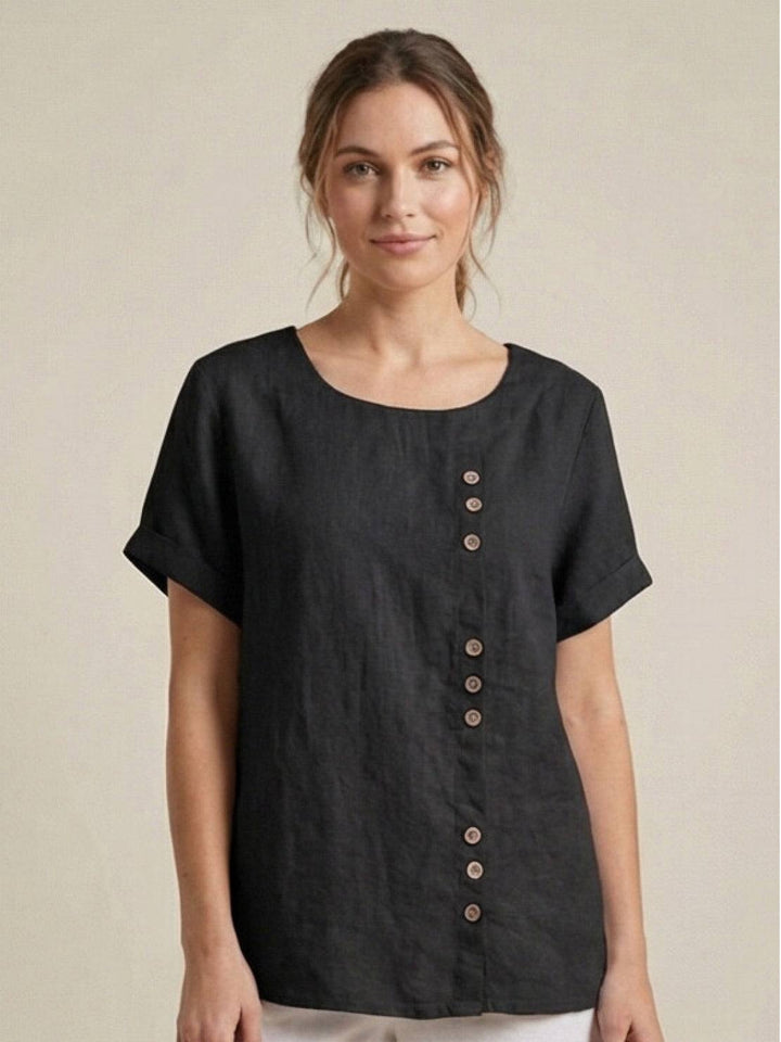 Taylor | Women’s Linen Blend Round Neck Button Blouse