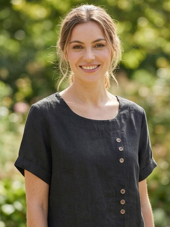 Taylor | Women’s Linen Blend Round Neck Button Blouse