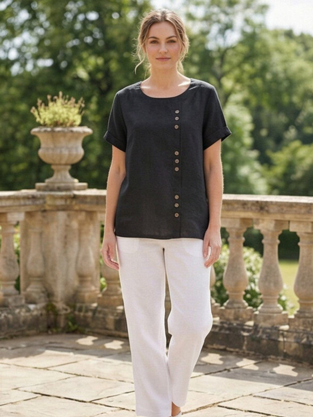 Taylor | Women’s Linen Blend Round Neck Button Blouse