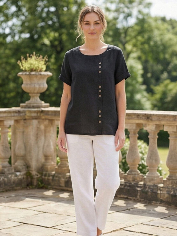 Taylor | Women’s Linen Blend Round Neck Button Blouse