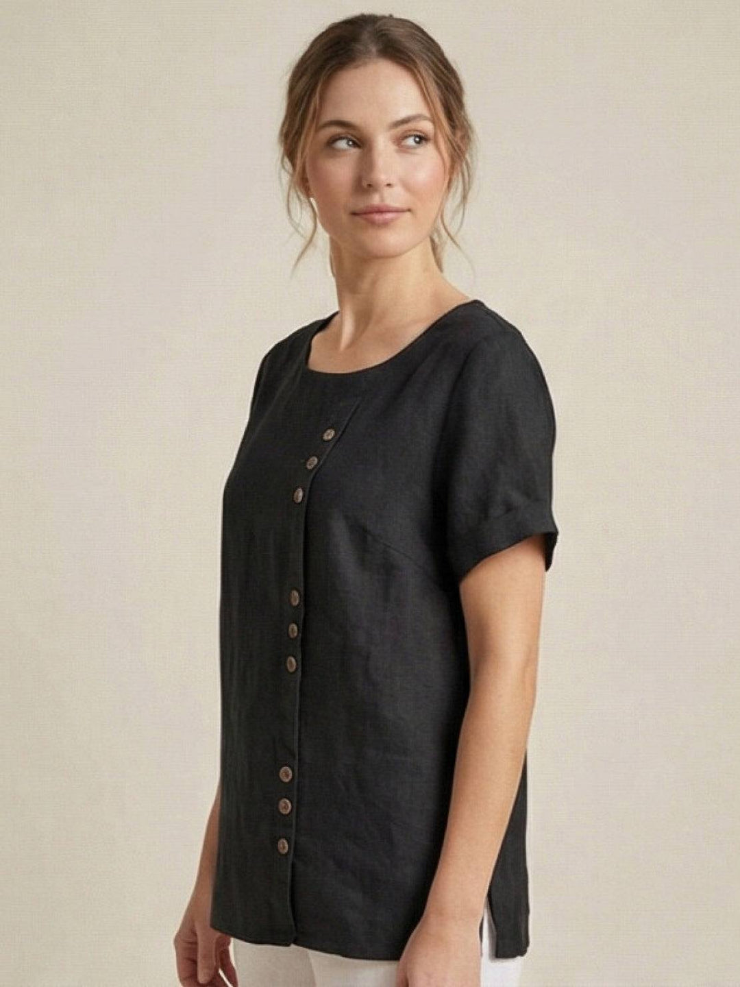 Taylor | Women’s Linen Blend Round Neck Button Blouse