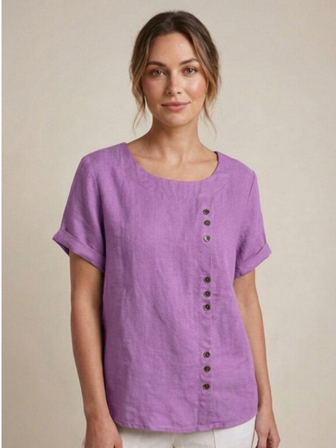 Taylor | Women’s Linen Blend Round Neck Button Blouse