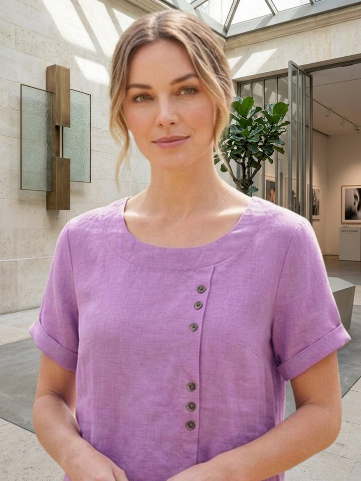 Taylor | Women’s Linen Blend Round Neck Button Blouse