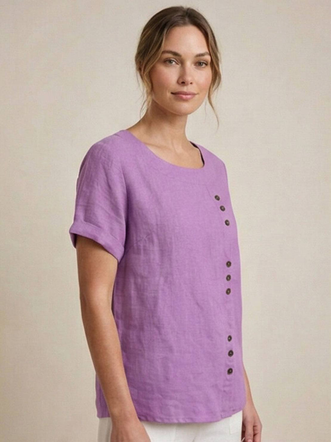 Taylor | Women’s Linen Blend Round Neck Button Blouse