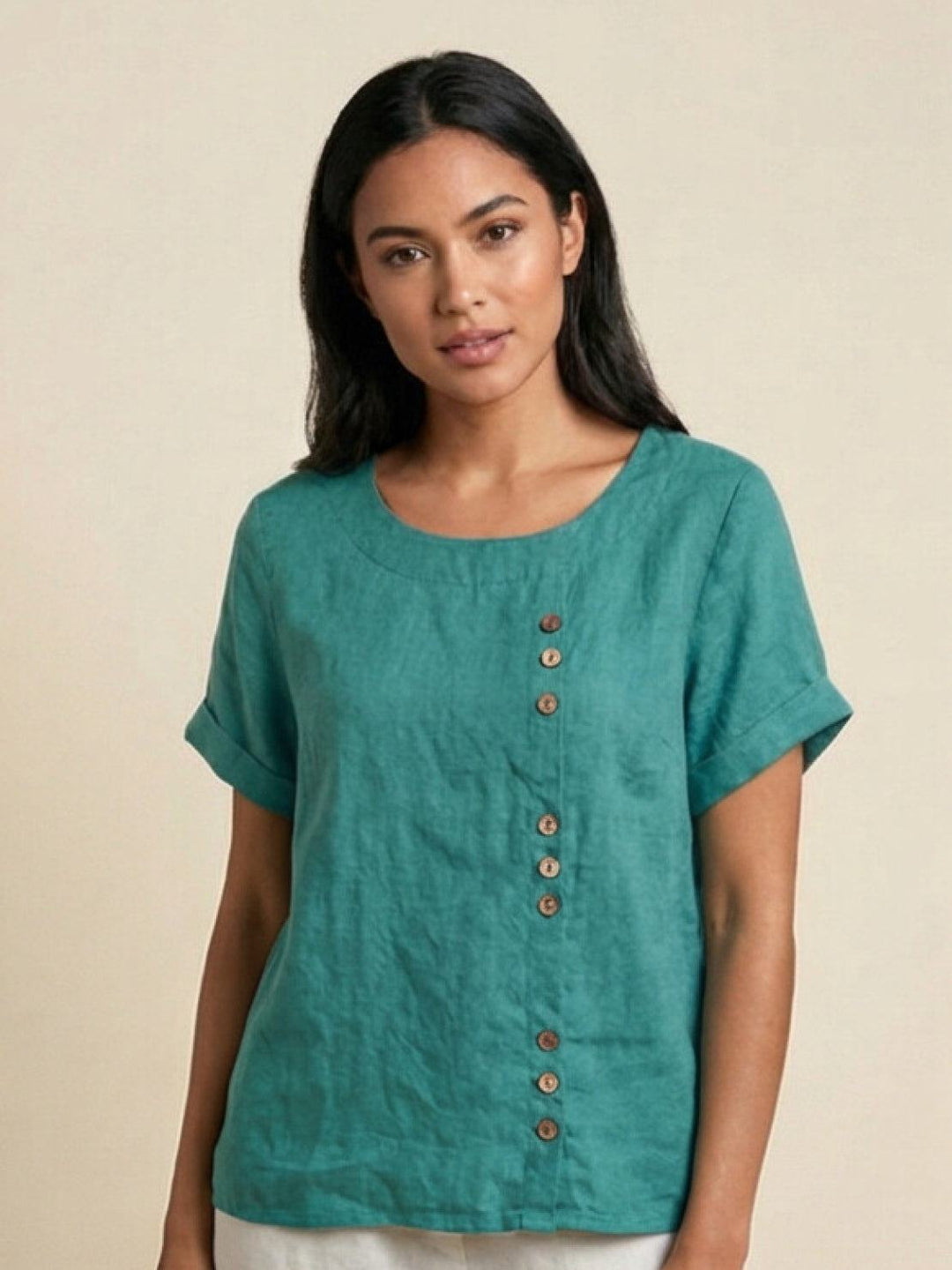 Taylor | Women’s Linen Blend Round Neck Button Blouse