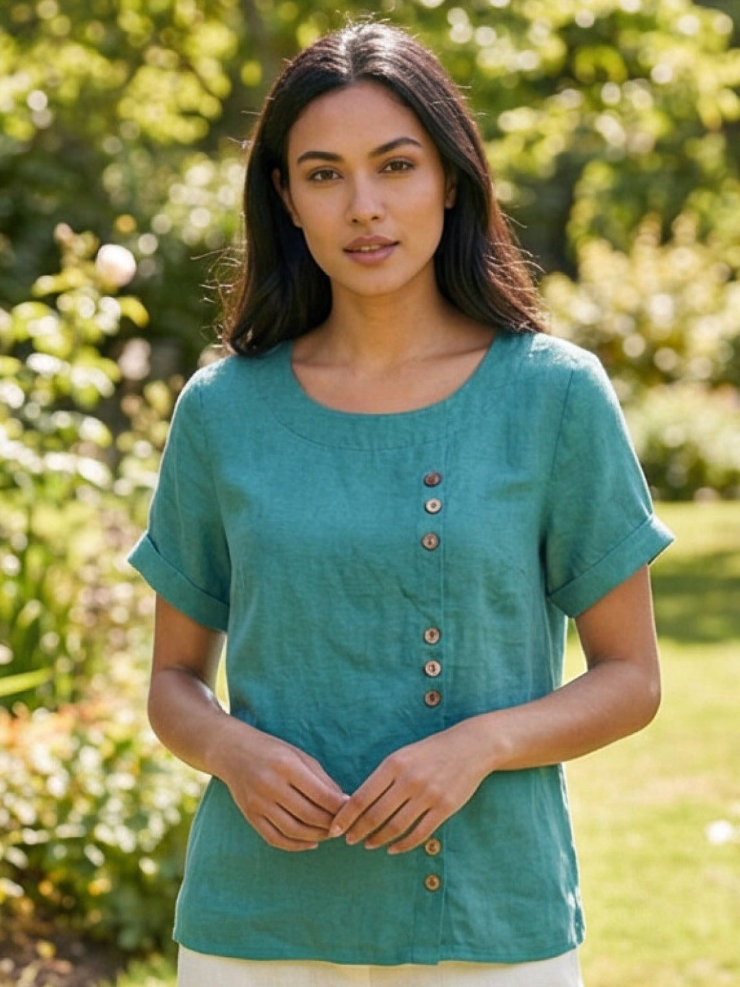 Taylor | Women’s Linen Blend Round Neck Button Blouse