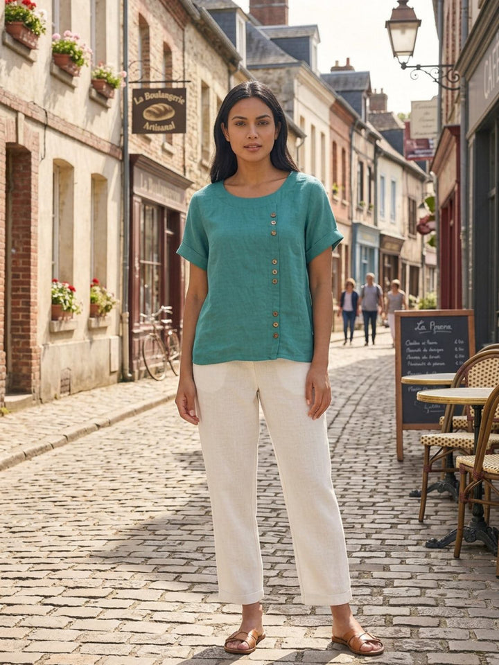 Taylor | Women’s Linen Blend Round Neck Button Blouse