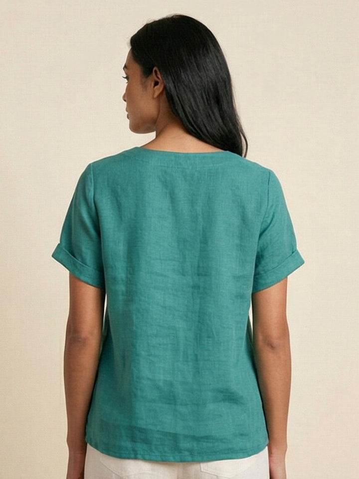 Taylor | Women’s Linen Blend Round Neck Button Blouse