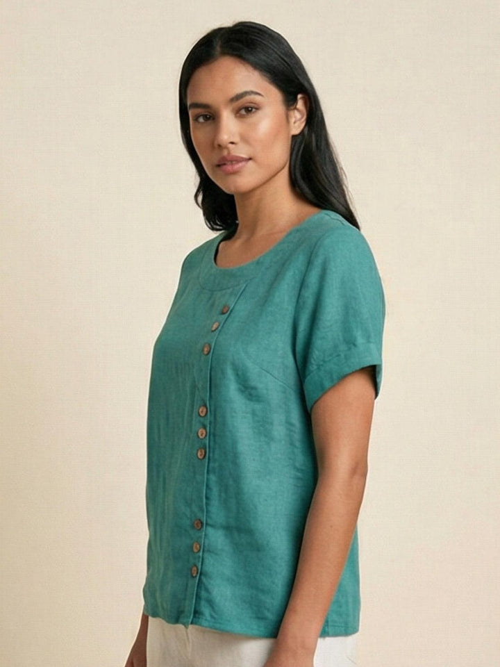 Taylor | Women’s Linen Blend Round Neck Button Blouse
