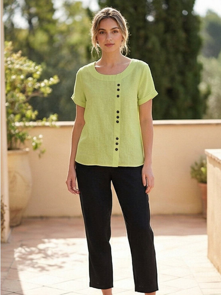 Taylor | Women’s Linen Blend Round Neck Button Blouse