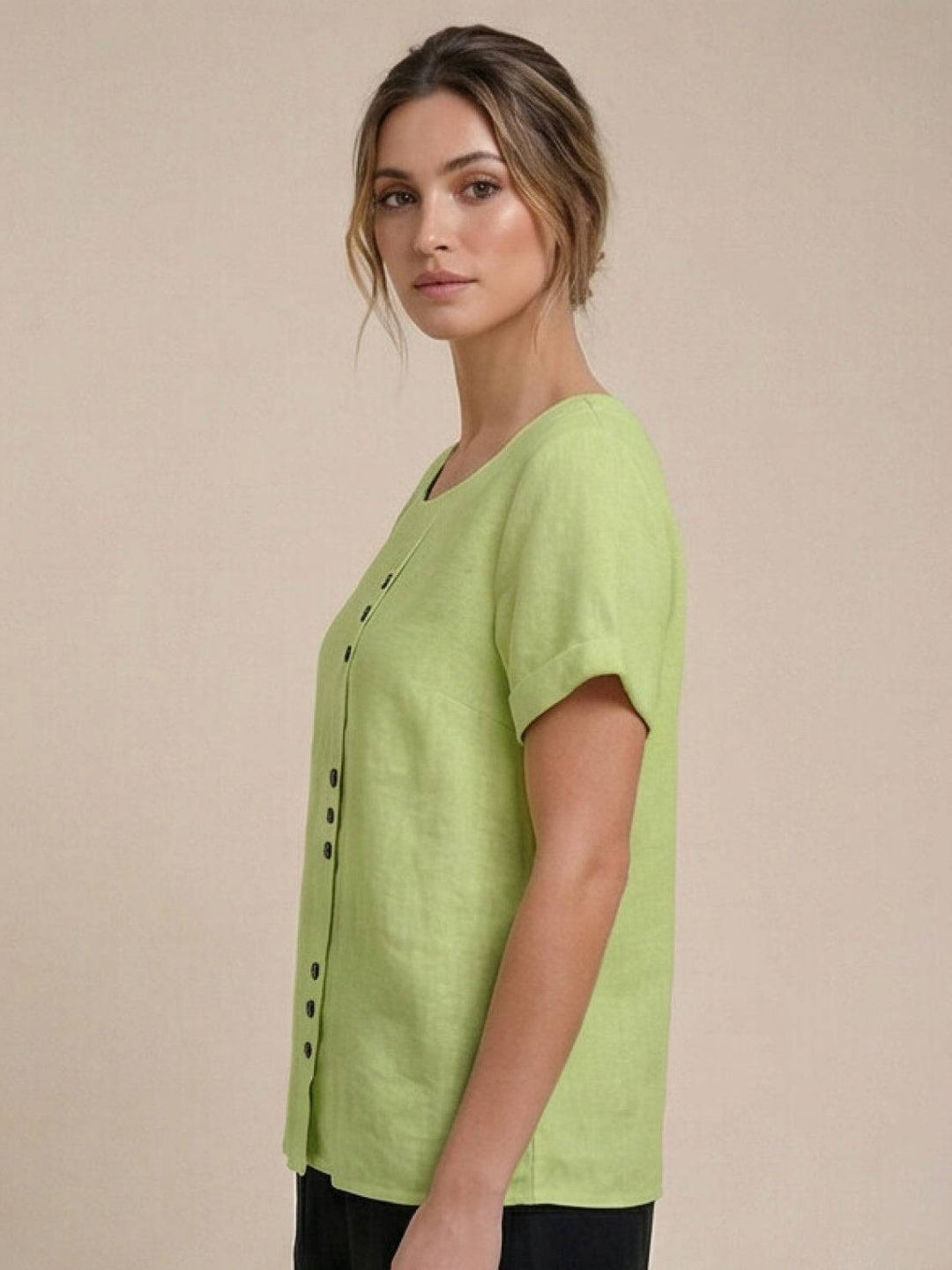 Taylor | Women’s Linen Blend Round Neck Button Blouse